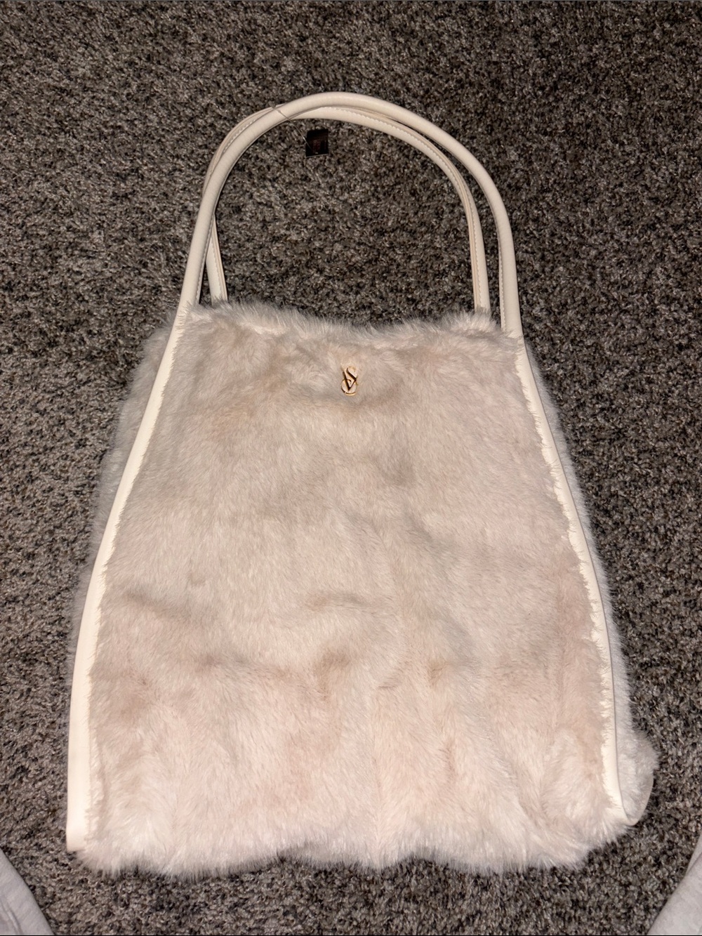 Victoria's Secret Cream Faux Fur Tote with Gold Logo